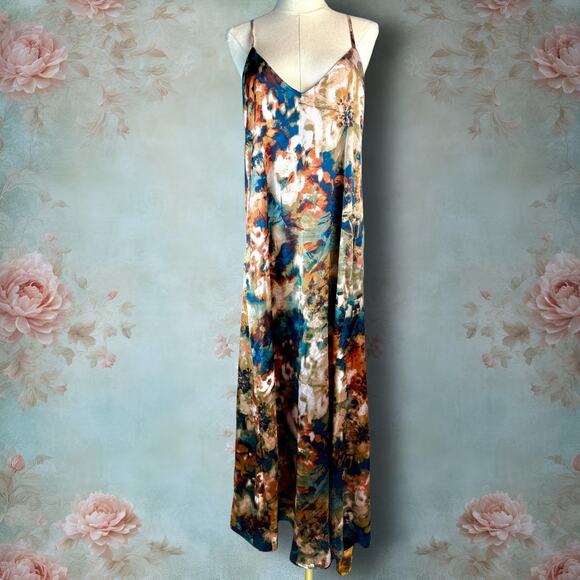 NWT Nicole Miller NY Abstract Floral Print Multicolor Satin Slip Maxi Dress - Picture 1 of 7